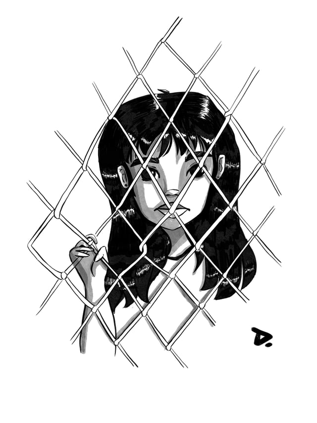 Black-and-white drawing of a woman looking through a chain-link fence.