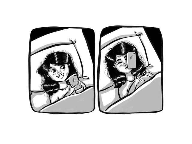 Two-panel drawing of a woman using her phone while lying in bed, followed by the phone falling onto her face.