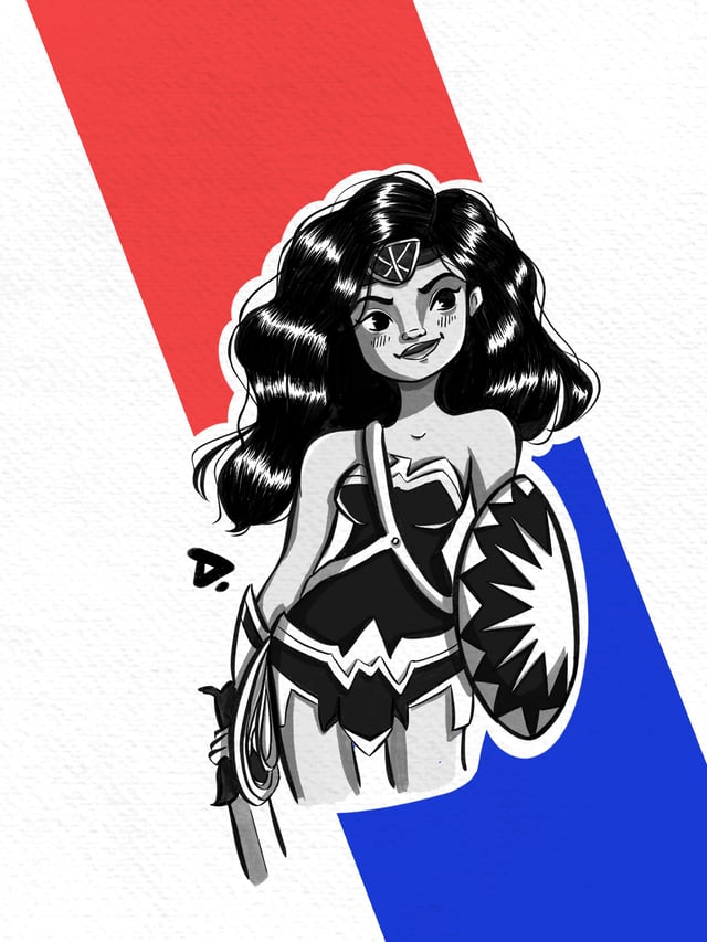 Inktober interpretation of Wonder Woman holding a sword and shield against red and blue shapes.