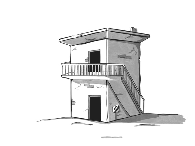 Monochrome drawing of a small two-storey building with an exterior staircase.
