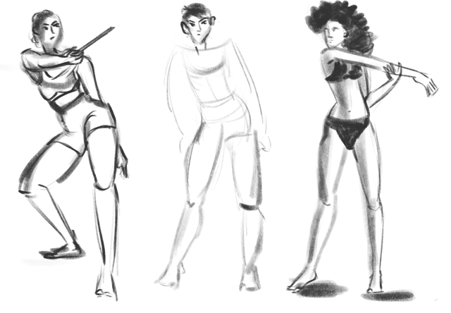 Three standing figure studies exploring weight, posture, and arm positions.