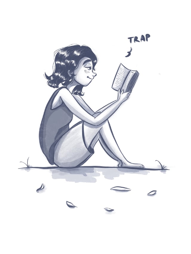Seated woman absorbed in a book, with scattered leaves around her, suggesting she is trapped in the story.