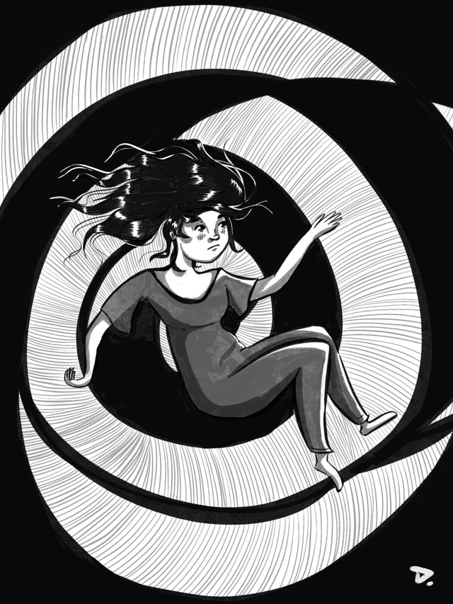 Woman tumbling inside a black-and-white spiral.