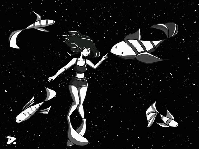 Woman floating among stylized fish against a star-filled black background.