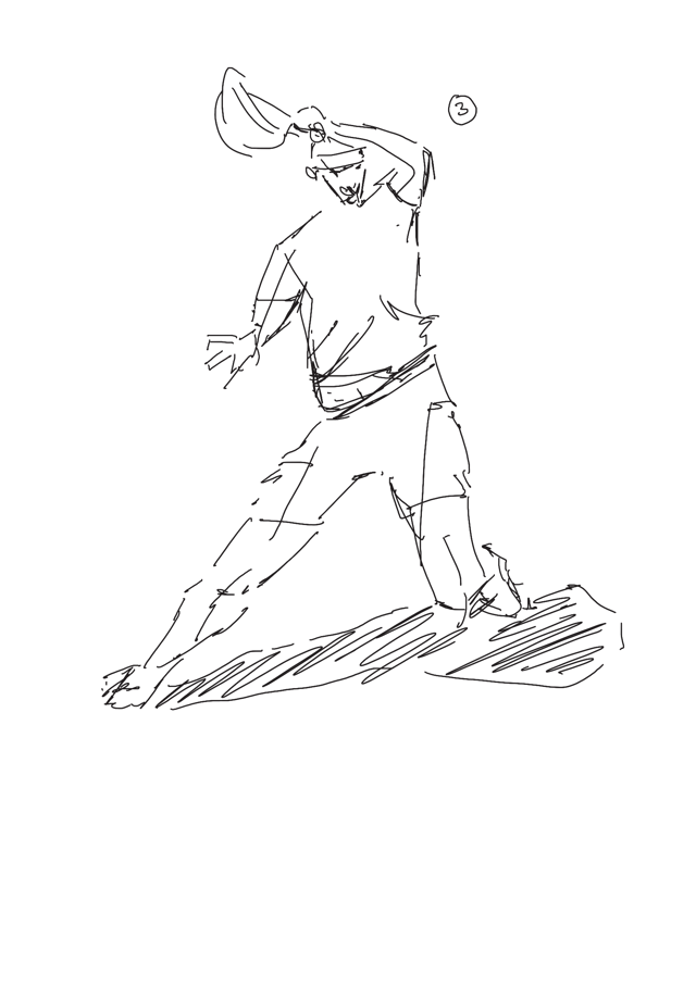 Loose line drawing of a figure leaning into a wide, dynamic stance.