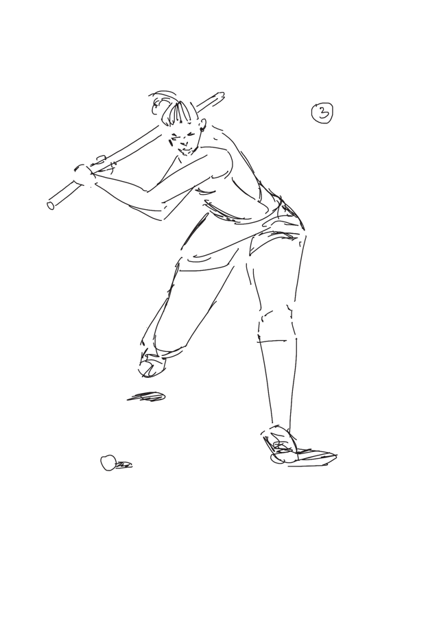 Loose line drawing of a figure holding a long pole across their shoulders.