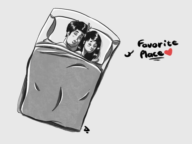 Overhead drawing of a couple asleep together beneath a blanket.