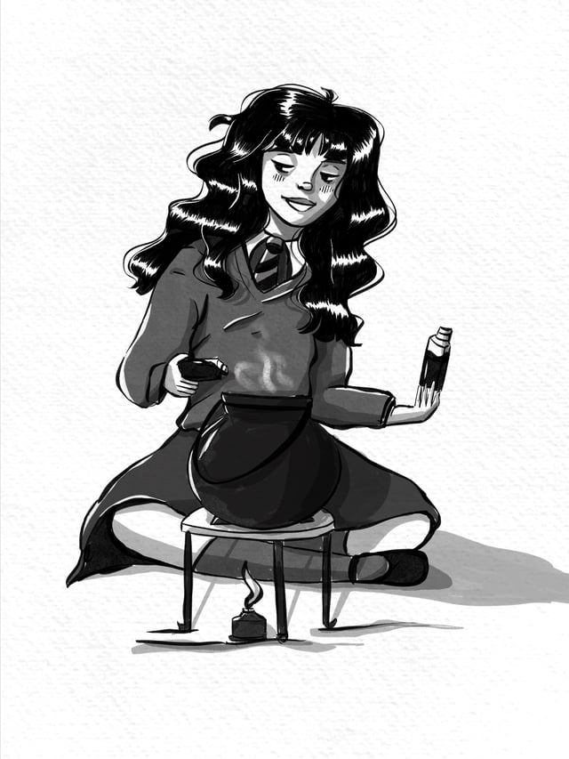 Inktober drawing of Hermione brewing a potion, interpreting the prompt Chef.
