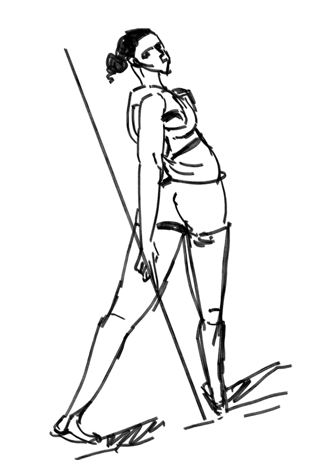 Ink figure study of a person standing beside a long staff.