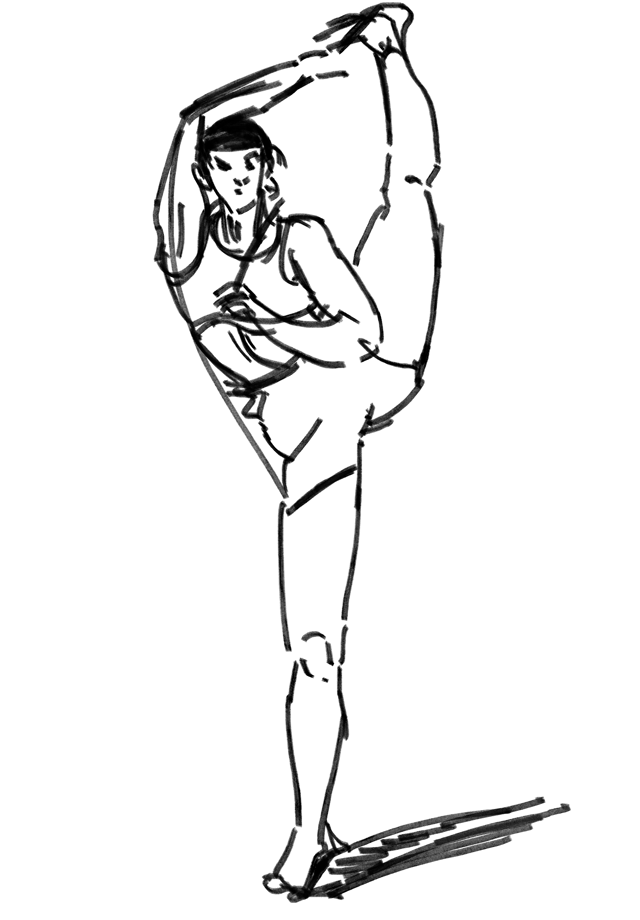 Ink figure study of a person balancing while holding one leg overhead.