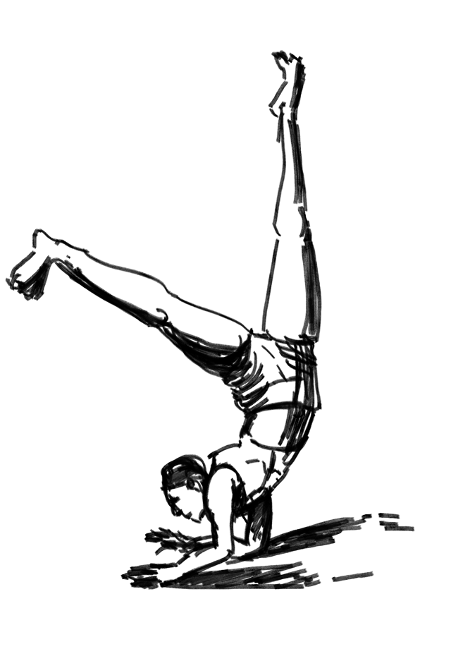 Ink figure study of a person balancing upside down with one leg raised.