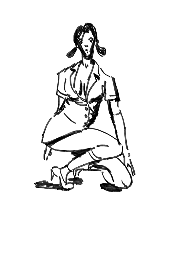 Ink figure study of a person crouching in a loose shirt and heeled shoes.