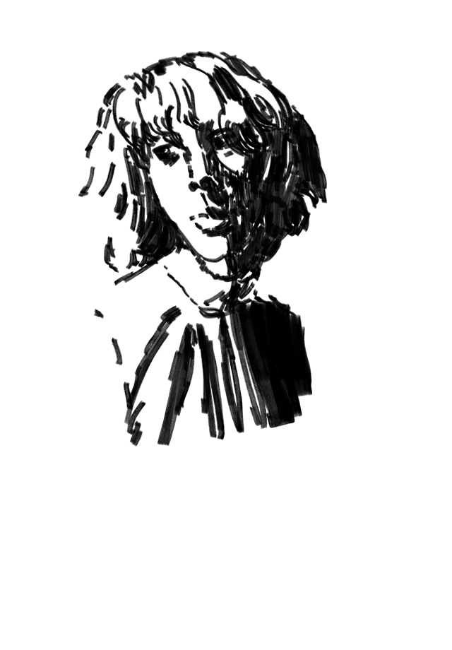 Expressive black-and-white side portrait with short, loosely rendered hair.