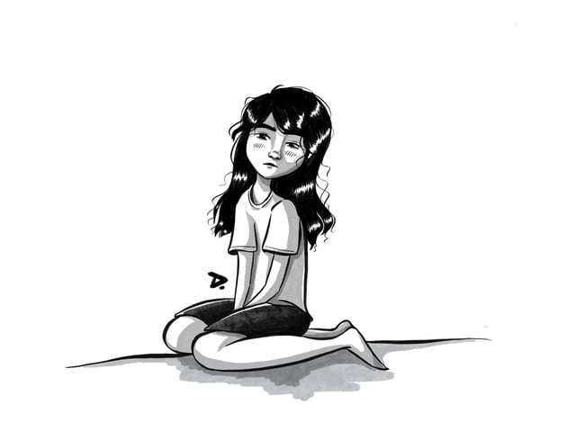 Black-and-white drawing of a woman seated cross-legged on the ground.