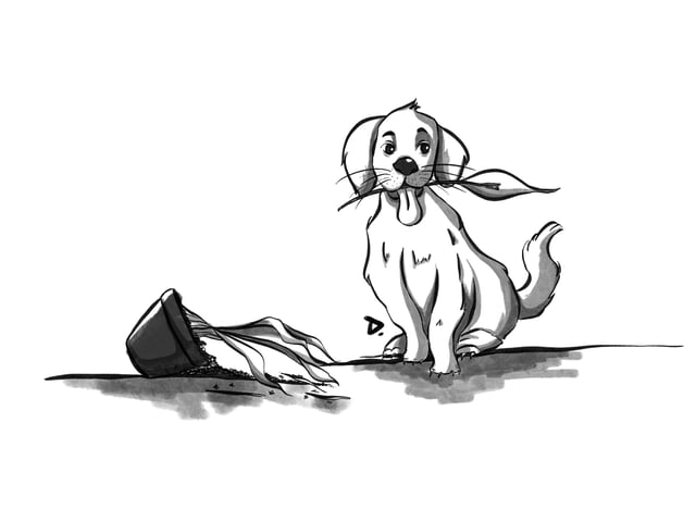 Dog holding a leafy branch beside an overturned flowerpot.
