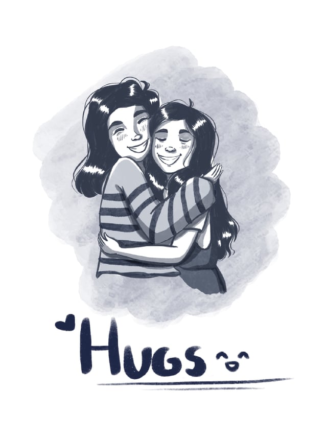 Two smiling women embracing beneath the handwritten word Hugs.