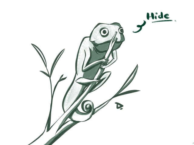 Green chameleon clinging to a leafy branch.