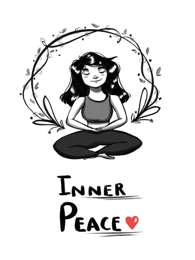 Woman meditating cross-legged inside a circular wreath of leaves.