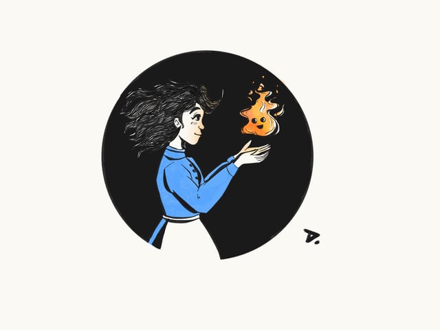 Woman in a blue outfit holding a small glowing orange flame.