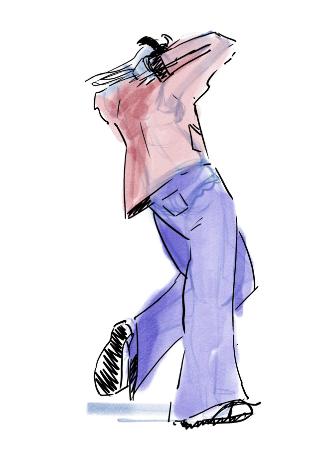 Colored figure study of a person in a pink top and purple trousers taking a wide step.
