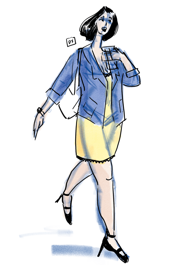 Colored figure study of a person walking in a blue jacket and yellow skirt.