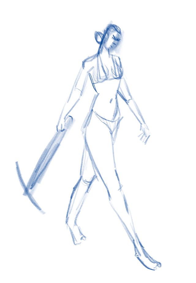 Blue gesture sketch of a standing figure holding a long pole.