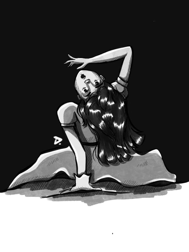 Grayscale drawing of a long-haired woman holding a dramatic seated pose against black.