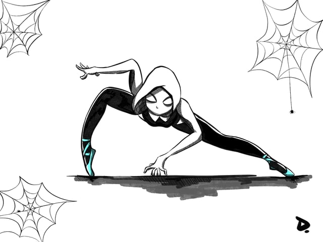 Spider-Gwen crouching between two corners decorated with webs.