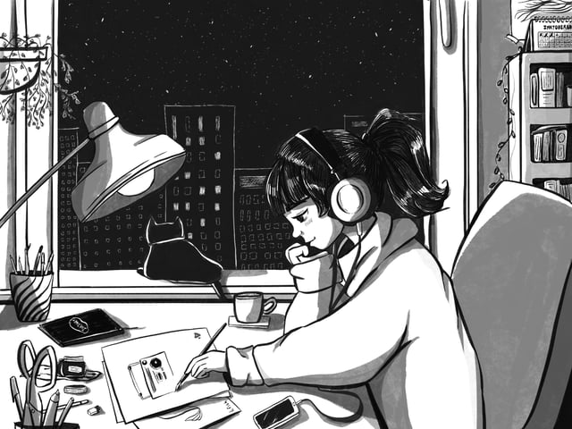 Inktober interpretation of Lofi Girl wearing headphones and studying at her desk.