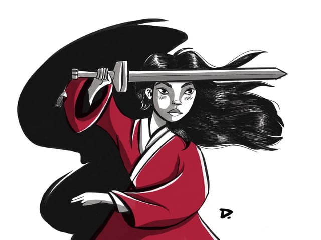 Mulan holding a sword overhead as her long hair streams behind her.
