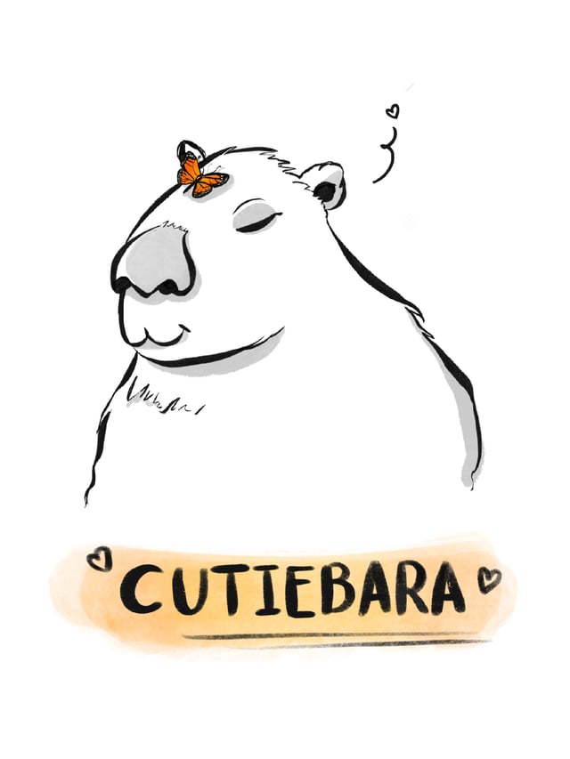 Small capybara portrait with an orange on its head and the caption Cutebara.