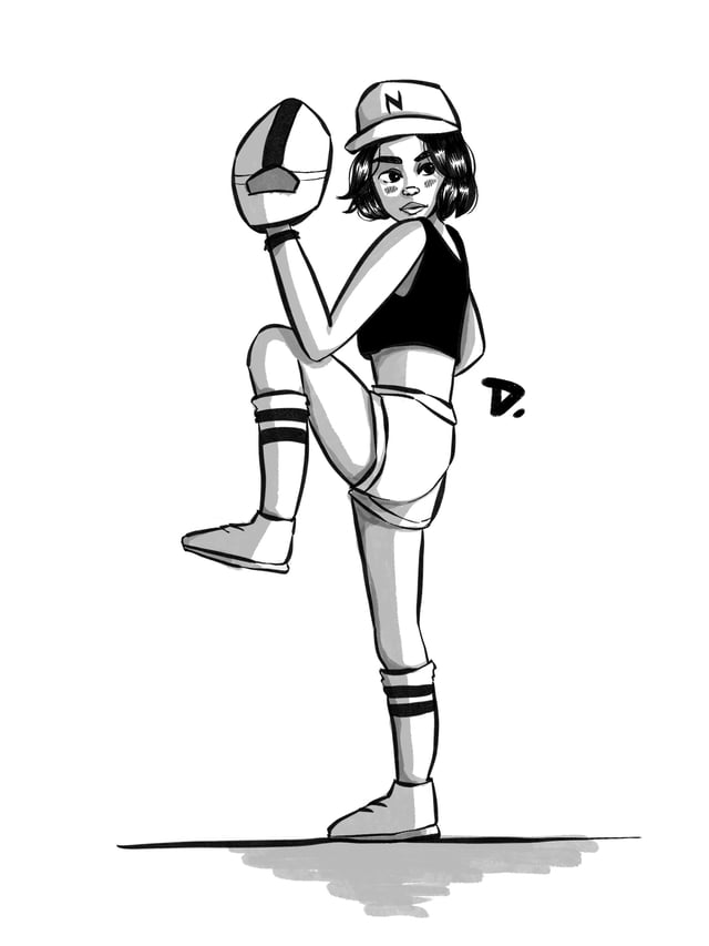 Cartoon athlete balancing on one leg while holding a ball.