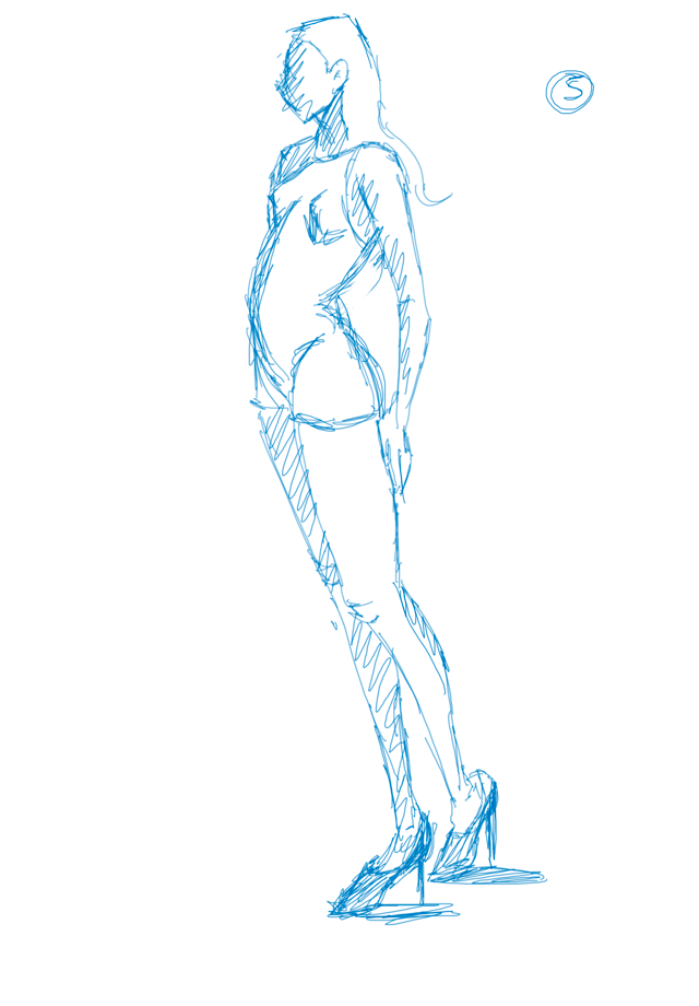 Blue line study of a standing figure with weight shifted onto one leg.