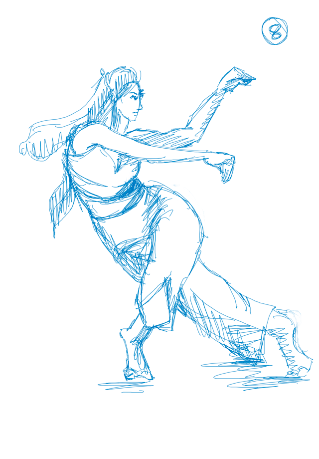 Blue line study of a figure leaning forward with bent knees and extended arms.