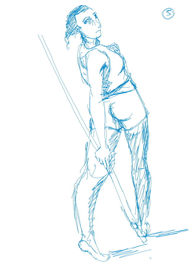 Blue line figure study of a person turning their torso with one hand near their head.
