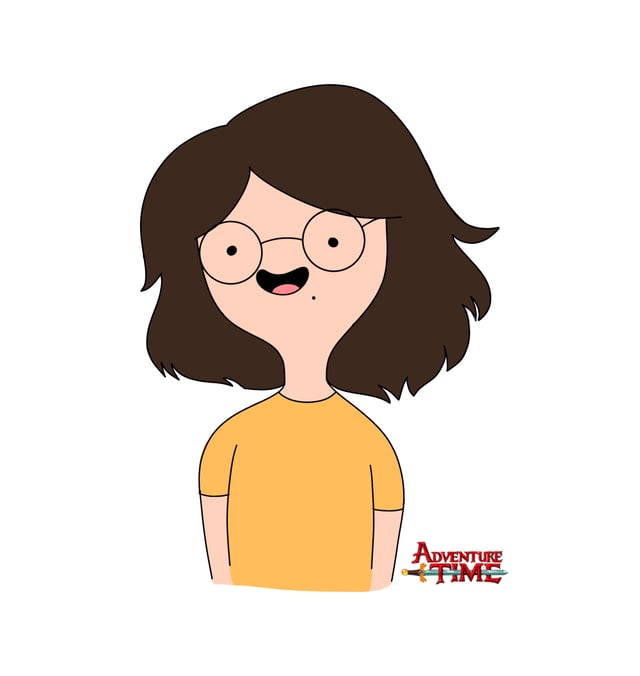 Cartoon portrait of a smiling person with round glasses, brown hair, and a yellow shirt.
