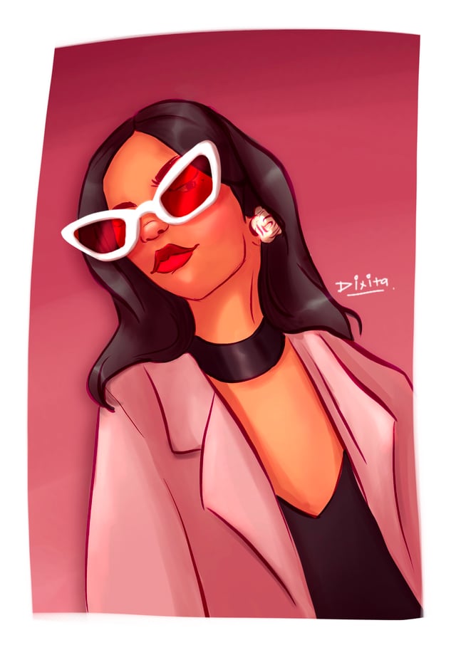 Stylized portrait of a woman in white sunglasses and a pink jacket against a rose background.