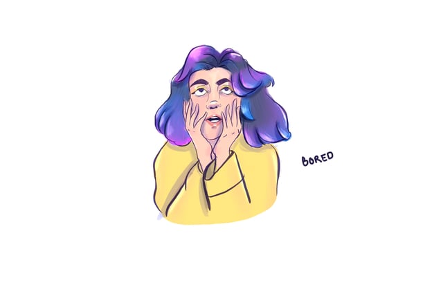 Purple-haired woman pressing her cheeks into her hands with a bored expression.