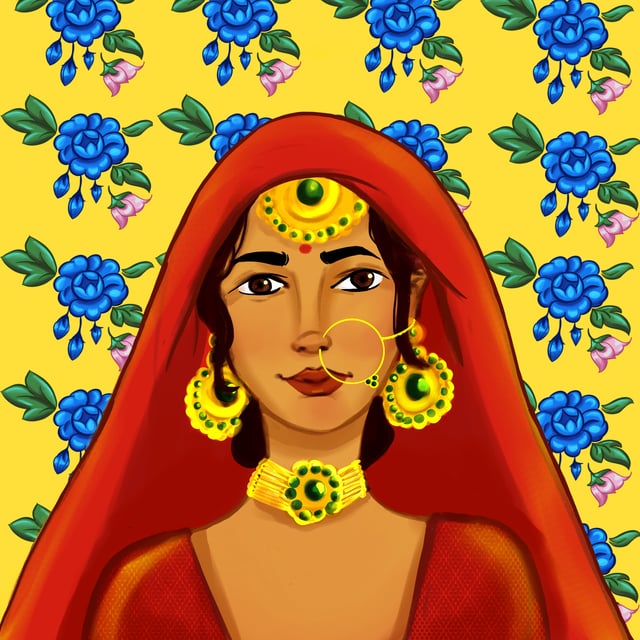 Portrait of a bride in a red veil and gold jewelry against a yellow floral background.