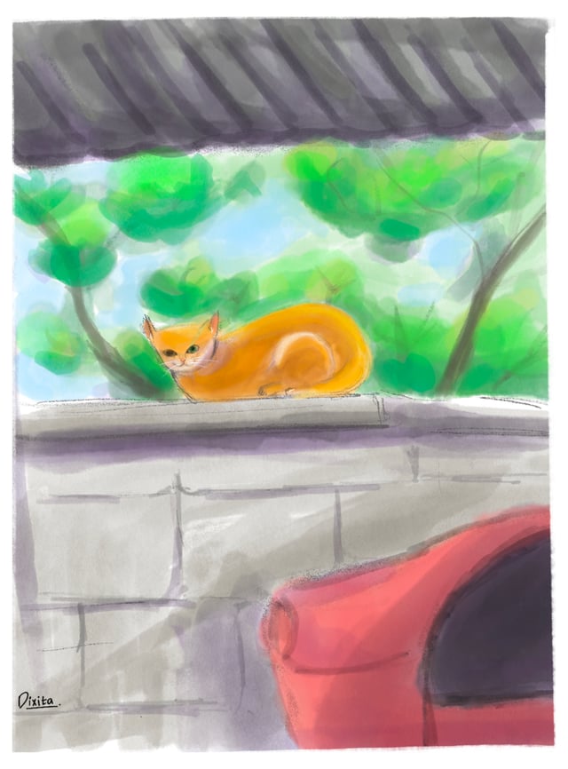 Orange cat resting above a parked car with green foliage in the background.
