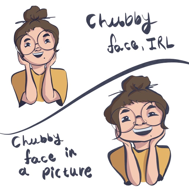 Two cartoon portraits comparing a person's cheeks in a photograph and in real life.
