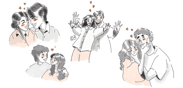 Four lightly colored sketches of couples posing, embracing, and smiling together.