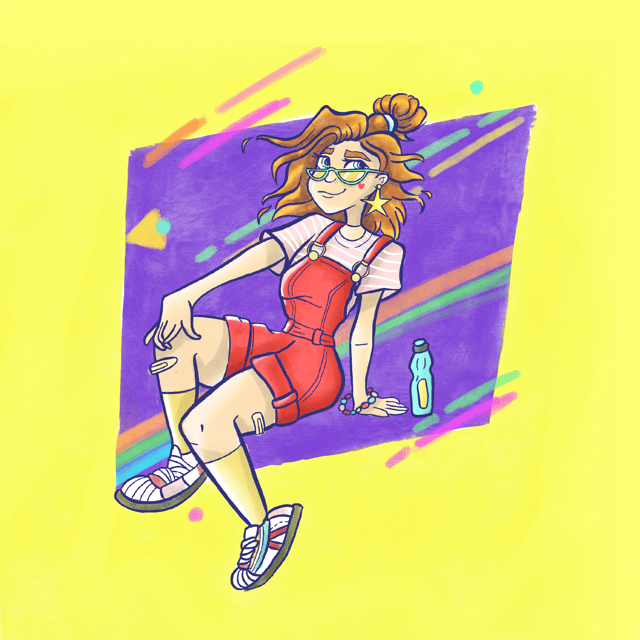 Colorful drawing of a seated character in a red outfit against yellow and purple shapes.