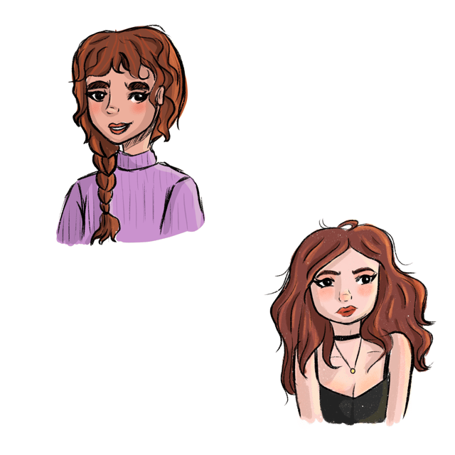 Two stylized portraits of brown-haired women, one with a braid and one with loose hair.