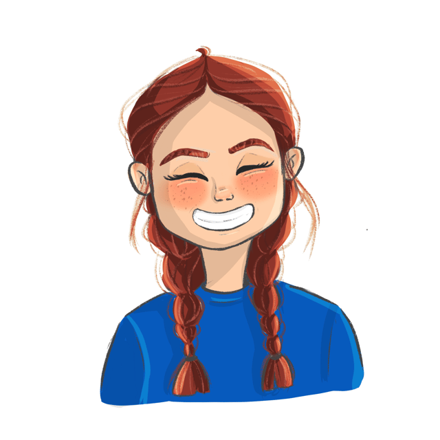 Smiling red-haired character wearing two braids and a blue top.