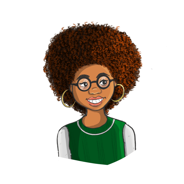 Smiling character with curly brown hair, round glasses, and a green sleeveless top.