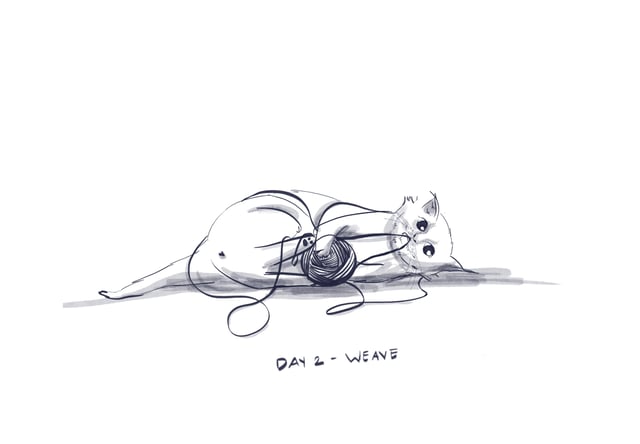 Cat lying beside a tangled ball of yarn, labeled Day 2 Weave.