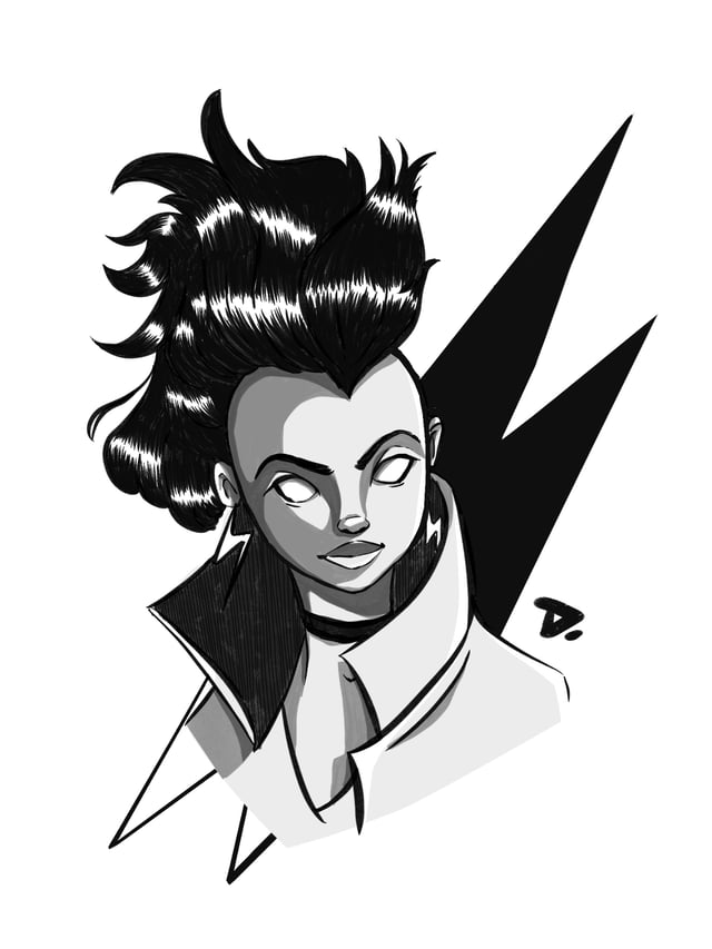 Black-and-white portrait of Storm with windswept hair and lightning shapes behind her.