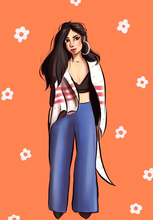 Woman with long dark hair wearing a cropped top, jacket, and jeans against an orange floral background.