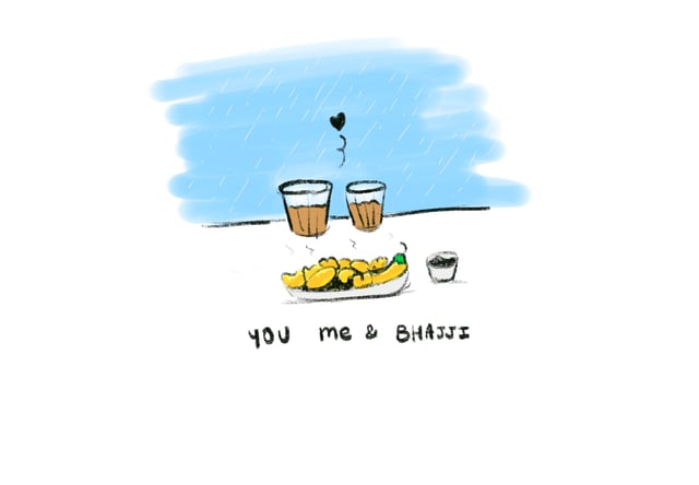 Two cups of tea and a plate of snacks beneath a small heart and blue wash.
